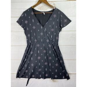 Mudd Dress Womens XL Black Boho Print Mini Raw Hems Faux Wrap Casual Soft Modal